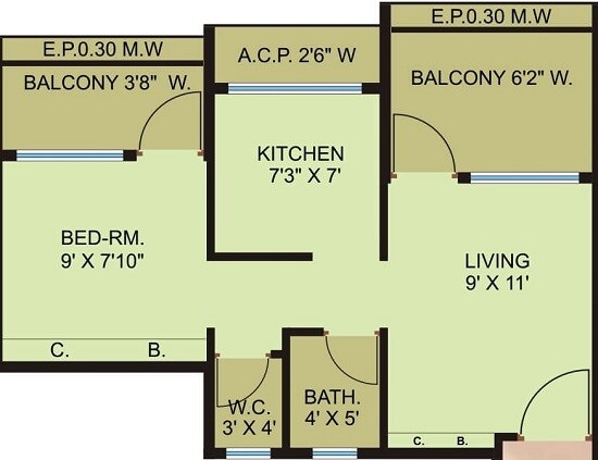 Floor plan of 1 BHK 406 Sq. Ft. Apartment in Shashwat Park, Thane