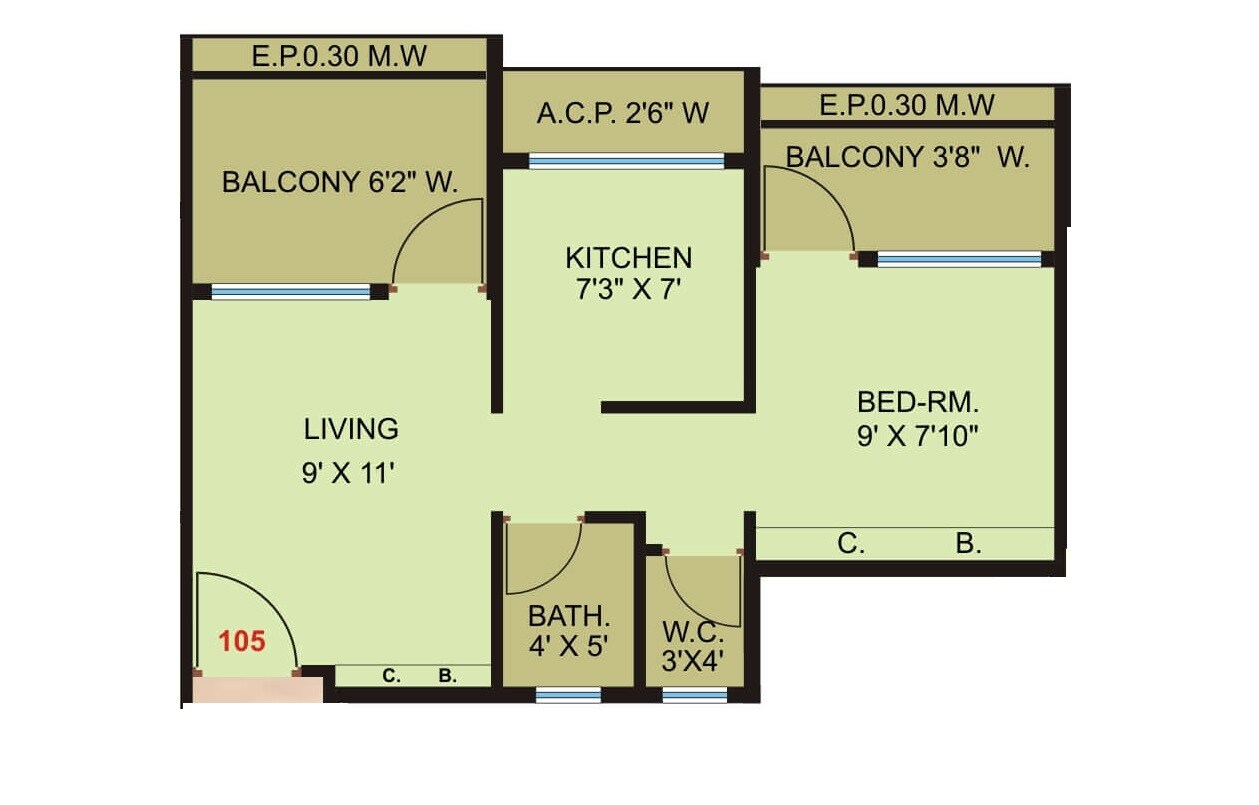 Floor plan of 1 BHK 309 Sq. Ft. Apartment in Shashwat Park Phase 1 Wing P, Thane