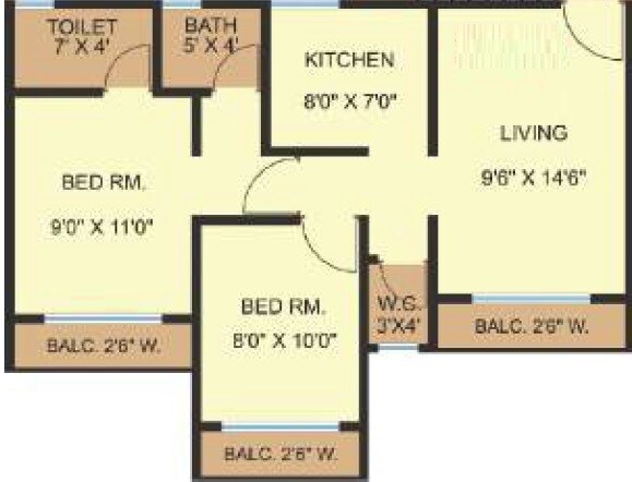 Floor plan of 2 BHK 439 Sq. Ft. Apartment in Shashwat Park Phase 1 Wing P, Thane