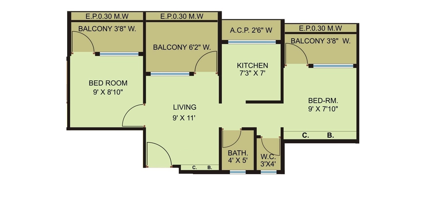 Floor plan of 2 BHK 461 Sq. Ft. Apartment in Shashwat Park Phase 1 Wing P, Thane