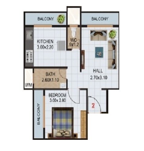 Floor plan of 1 BHK 450 Sq. Ft. Apartment in Shaurya Heights, Thane