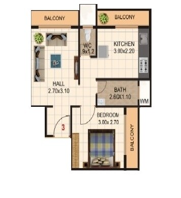 Floor plan of 1 BHK 339 Sq. Ft. Apartment in Shaurya Heights, Thane