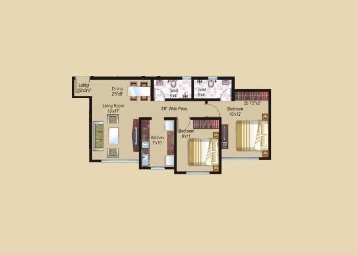 Floor plan of 2 BHK 850 Sq. Ft. Apartment in Sheth Athena, Thane
