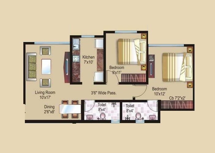 Floor plan of 2 BHK 875 Sq. Ft. Apartment in Sheth Athena, Thane