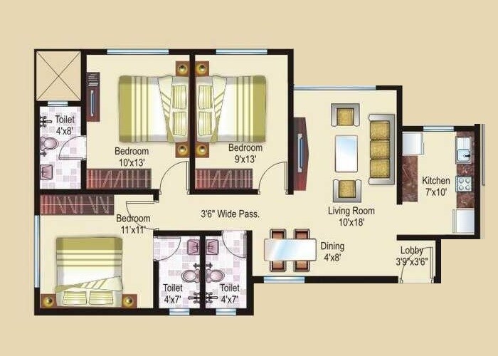 Floor plan of 3 BHK 1100 Sq. Ft. Apartment in Sheth Athena, Thane