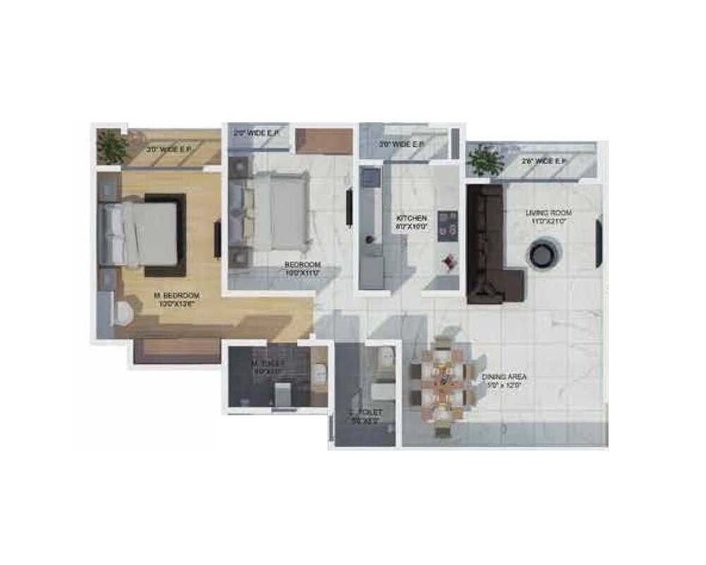 Floor plan of 2 BHK 1100 Sq. Ft. Apartment in Sheth Avalon, Thane