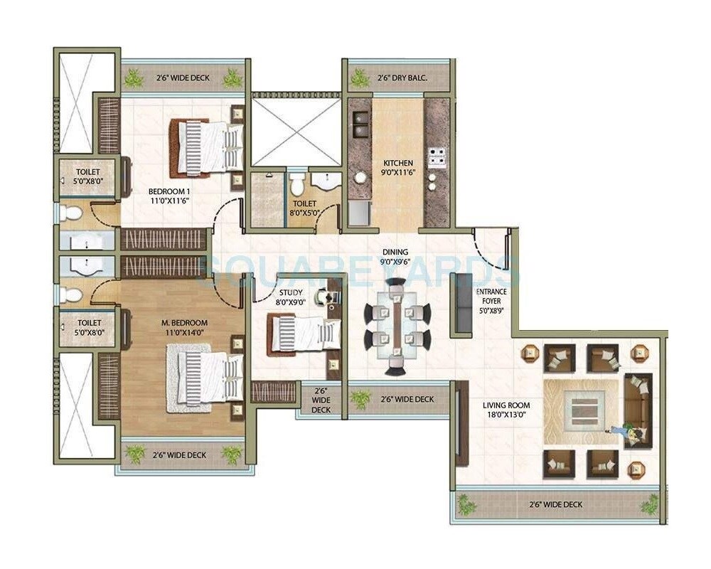 Floor plan of 2 BHK 1109 Sq. Ft. Apartment in Sheth Avalon, Thane