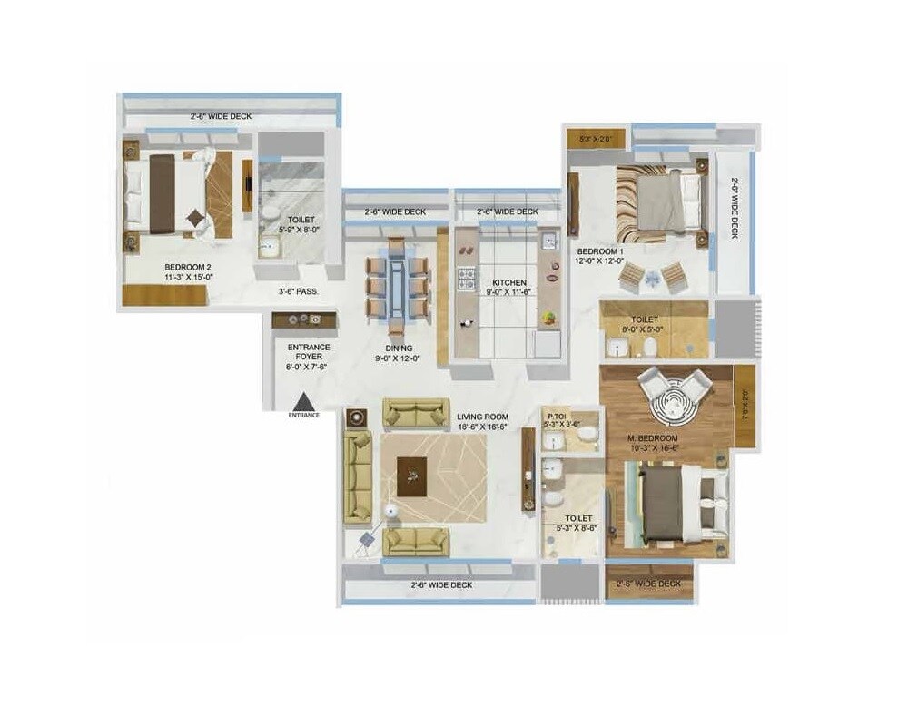 Floor plan of 3 BHK 1468 Sq. Ft. Apartment in Sheth Avalon, Thane