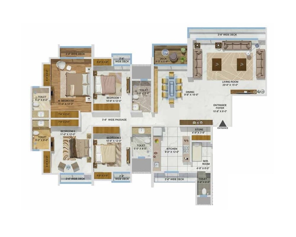 Floor plan of 4 BHK 1891 Sq. Ft. Apartment in Sheth Avalon, Thane