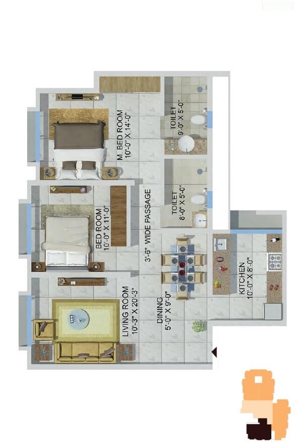 Floor plan of 2 BHK 810 Sq. Ft. Apartment in Sheth Vasant Lawns, Thane