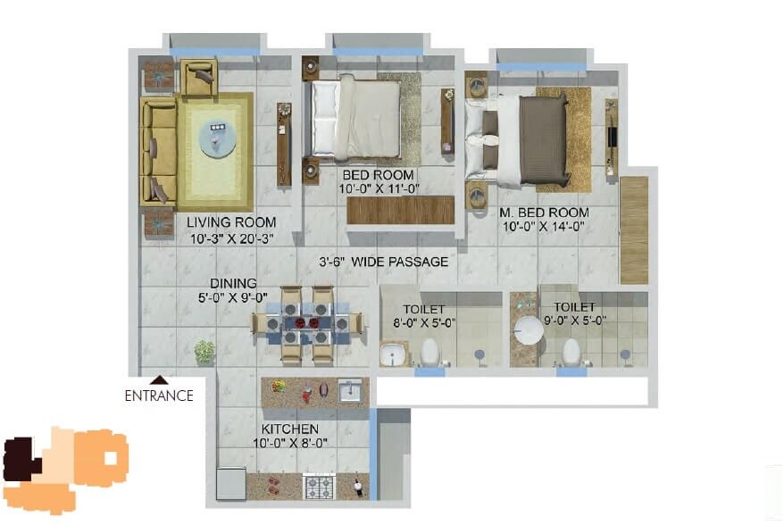 Floor plan of 2 BHK 830 Sq. Ft. Apartment in Sheth Vasant Lawns, Thane
