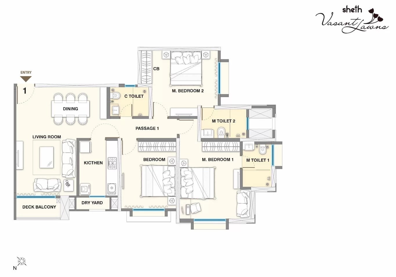 Floor plan of 3 BHK 1001 Sq. Ft. Apartment in Sheth Vasant Lawns, Thane