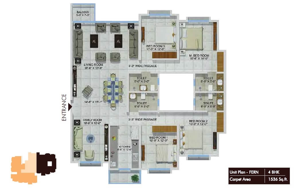 Floor plan of 4 BHK 1434 Sq. Ft. Apartment in Sheth Vasant Lawns, Thane