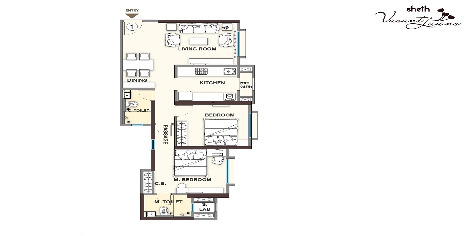 Floor plan of 2 BHK 840 Sq. Ft. Apartment in Sheth Vasant Lawns, Thane