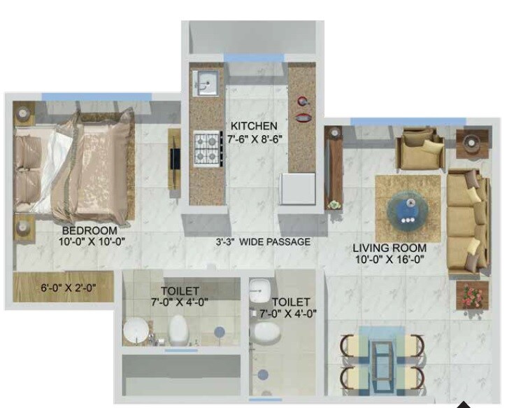 Floor plan of 1 BHK 401 Sq. Ft. Apartment in Sheth Zuri, Thane