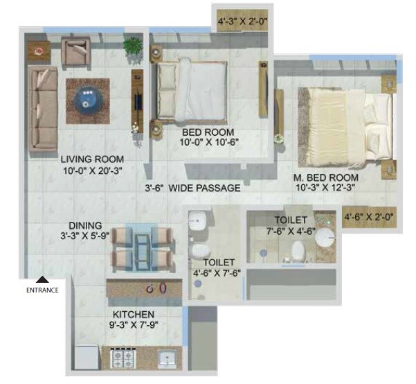 Floor plan of 2 BHK 640 Sq. Ft. Apartment in Sheth Zuri, Thane