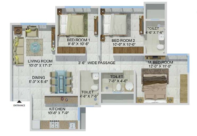 Floor plan of 3 BHK 763 Sq. Ft. Apartment in Sheth Zuri, Thane