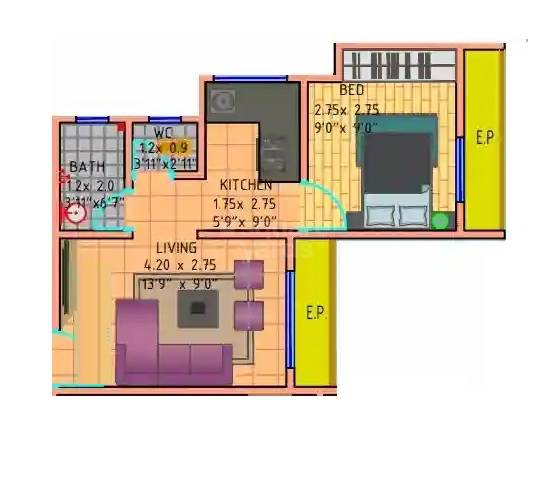 Floor plan of 1 BHK 494 Sq. Ft. Apartment in Shiv Jay Bharati CHS, Thane