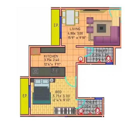 Floor plan of 1 BHK 501 Sq. Ft. Apartment in Shiv Jay Bharati CHS, Thane