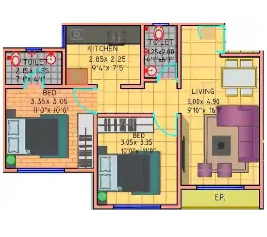 Floor plan of 2 BHK 618 Sq. Ft. Apartment in Shiv Jay Bharati CHS, Thane
