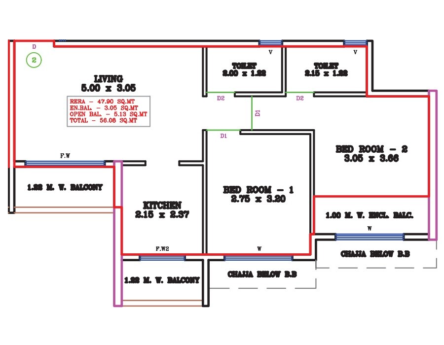 Floor plan of 2 BHK 515 Sq. Ft. Apartment in Shiv RM Solitaire, Thane