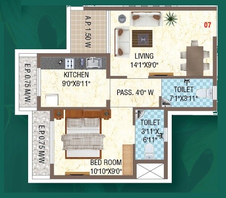 Floor plan of 1 BHK 396 Sq. Ft. Apartment in Shiv Shakti Hari Shrushti, Thane