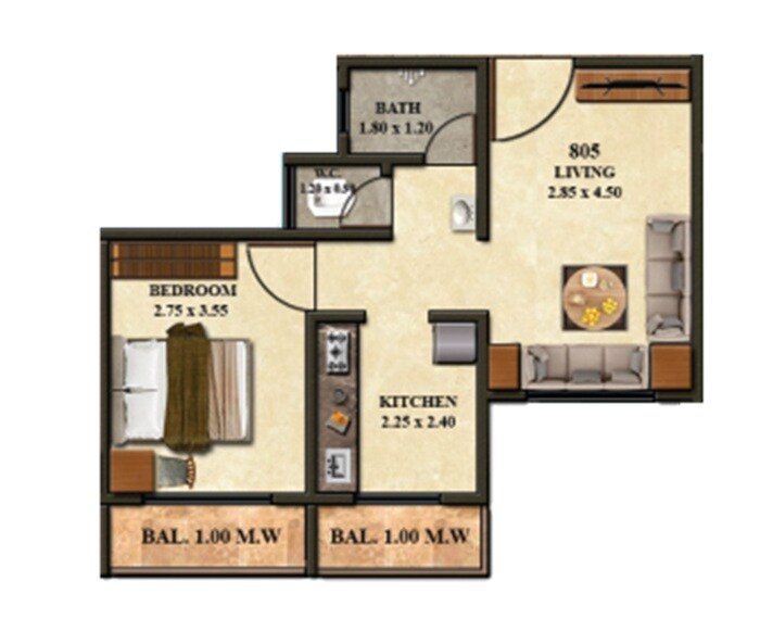 Floor plan of 1 BHK 400 Sq. Ft. Apartment in Shiv Shambho Heights, Thane