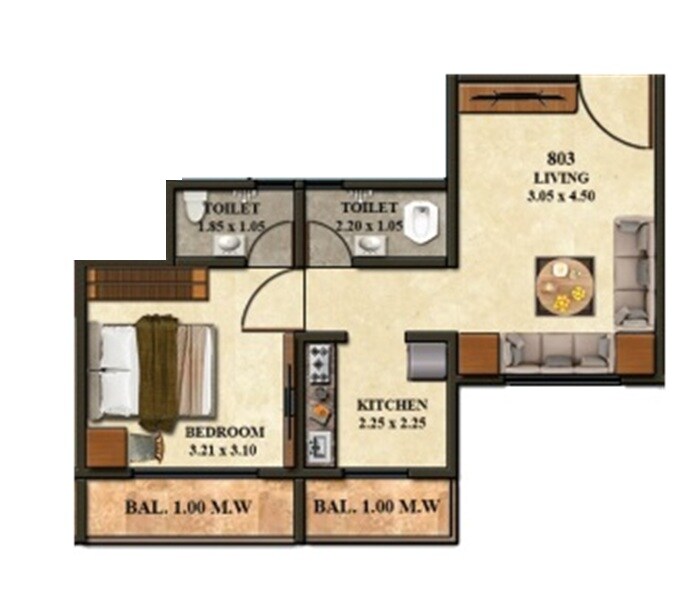Floor plan of 1 BHK 562 Sq. Ft. Apartment in Shiv Shambho Heights, Thane