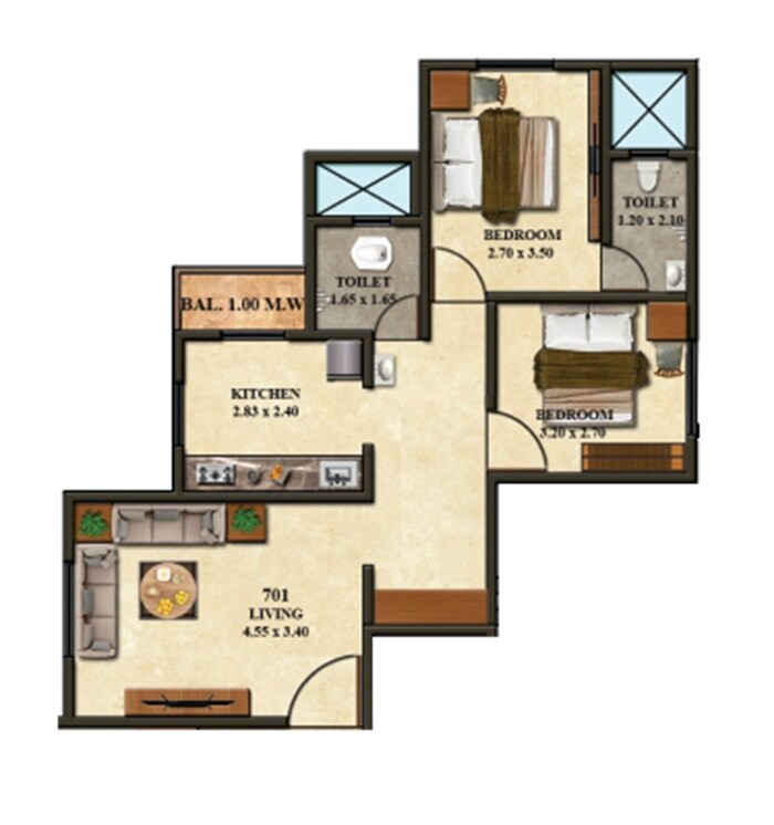 Floor plan of 2 BHK 631 Sq. Ft. Apartment in Shiv Shambho Heights, Thane
