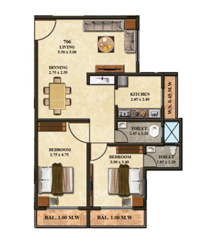 Floor plan of 2 BHK 804 Sq. Ft. Apartment in Shiv Shambho Heights, Thane