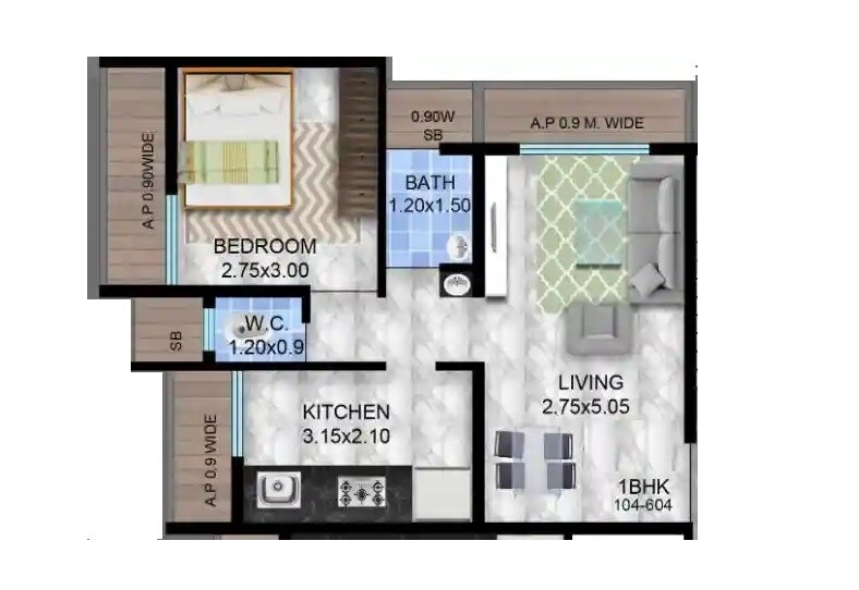 Floor plan of 1 BHK 358 Sq. Ft. Apartment in Shiv Vatika Badlapur, Thane