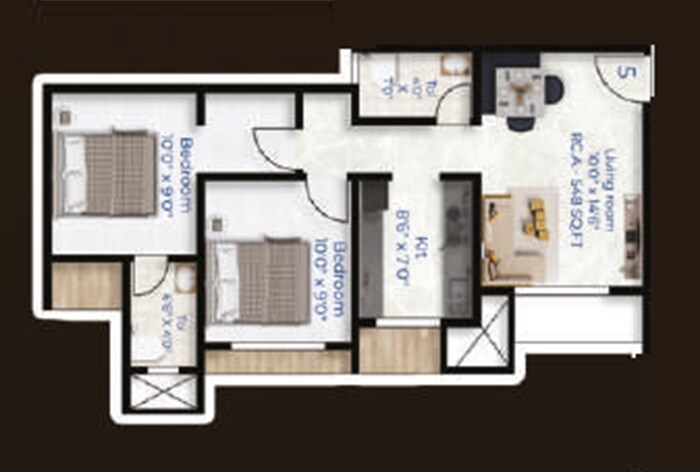 2 BHK 614 Sq. Ft. Apartment