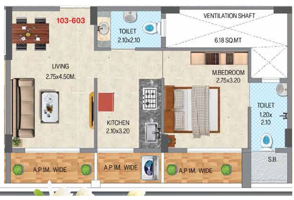Floor plan of 1 BHK 470 Sq. Ft. Apartment in Shivansh Satyam Anantam, Thane