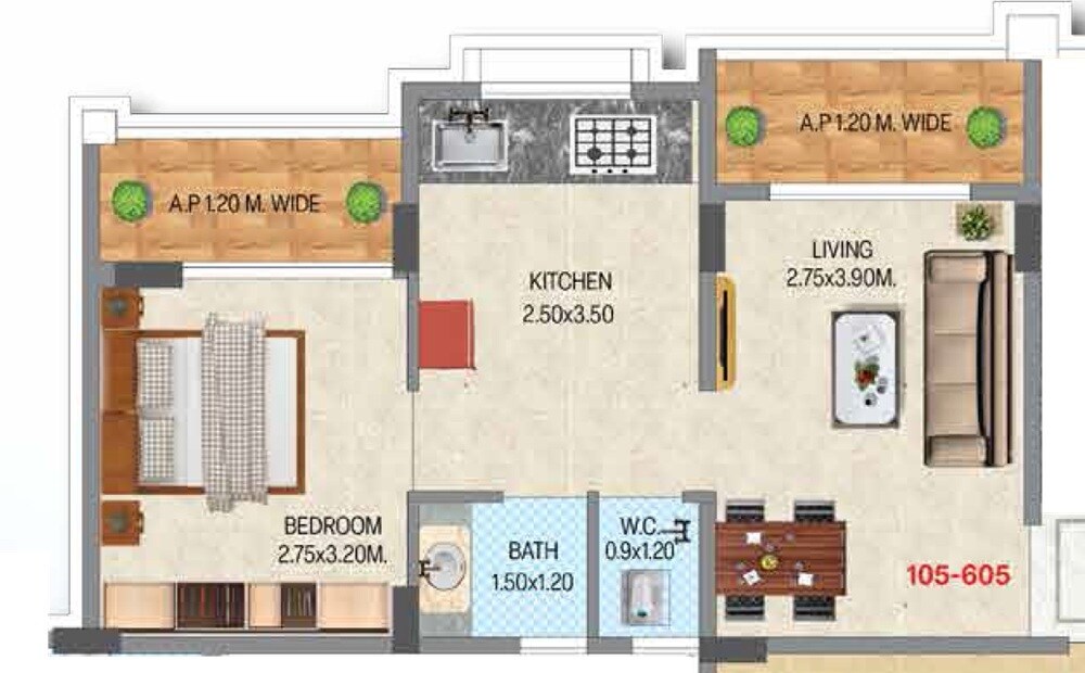 Floor plan of 1 BHK 393 Sq. Ft. Apartment in Shivansh Satyam Anantam, Thane