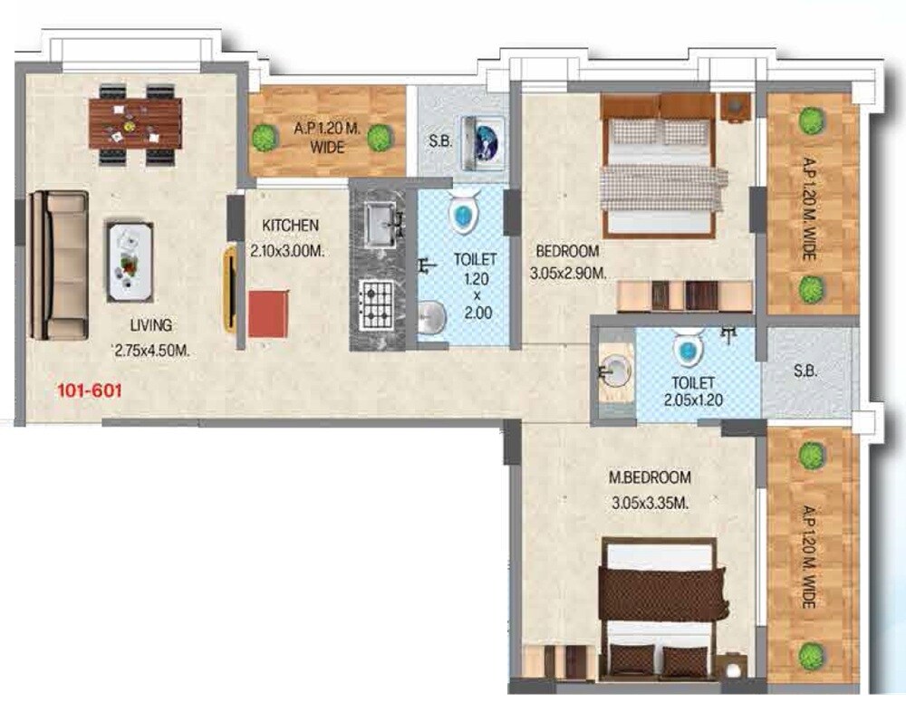 Floor plan of 2 BHK 600 Sq. Ft. Apartment in Shivansh Satyam Anantam, Thane