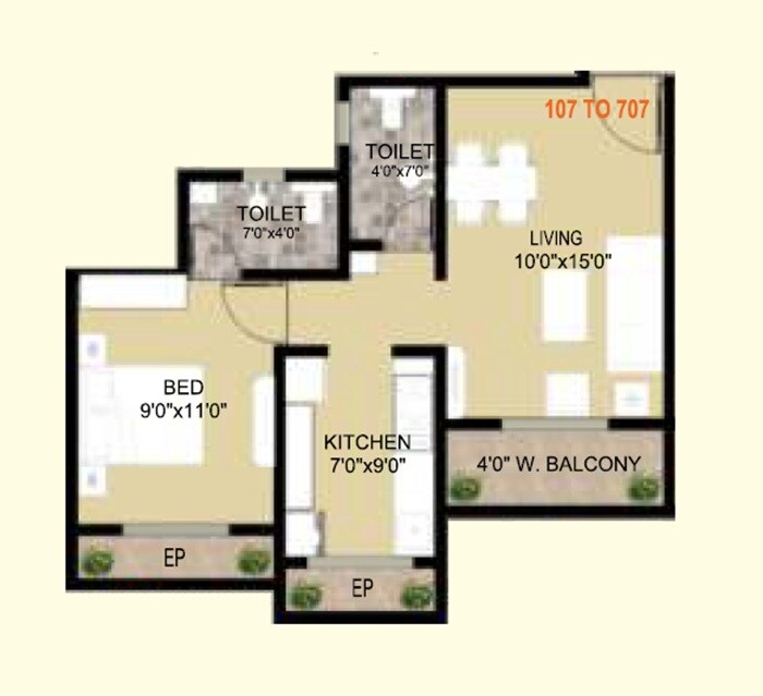 Floor plan of 1 BHK 480 Sq. Ft. Apartment in Shivom Lakeside, Thane