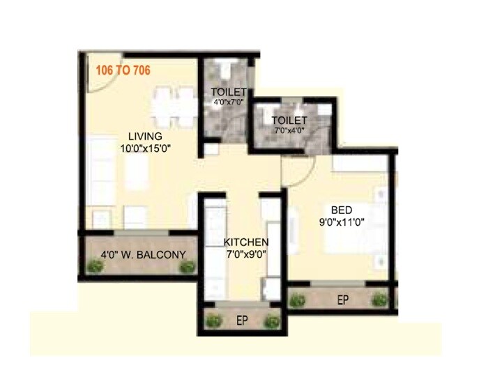 Floor plan of 1 BHK 526 Sq. Ft. Apartment in Shivom Lakeside, Thane