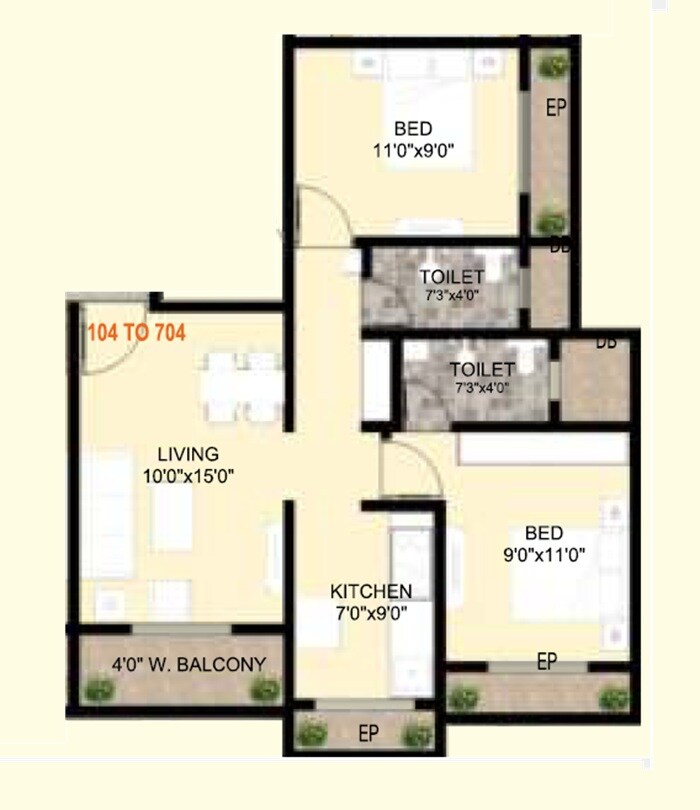 Floor plan of 2 BHK 661 Sq. Ft. Apartment in Shivom Lakeside, Thane