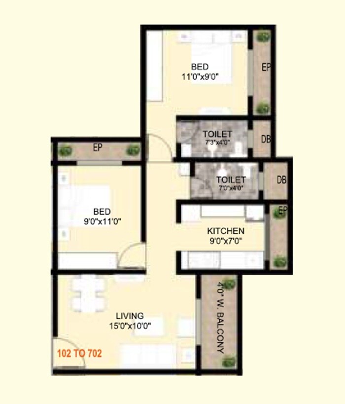 Floor plan of 2 BHK 686 Sq. Ft. Apartment in Shivom Lakeside, Thane