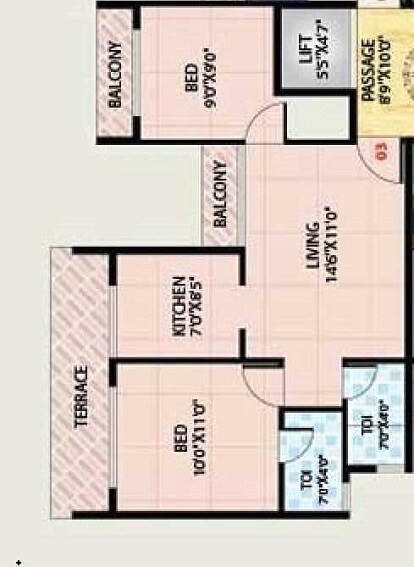 Floor plan of 2 BHK 845 Sq. Ft. Apartment in Shivshakti Complex, Thane