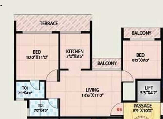 Floor plan of 2 BHK 937 Sq. Ft. Apartment in Shivshakti Complex, Thane