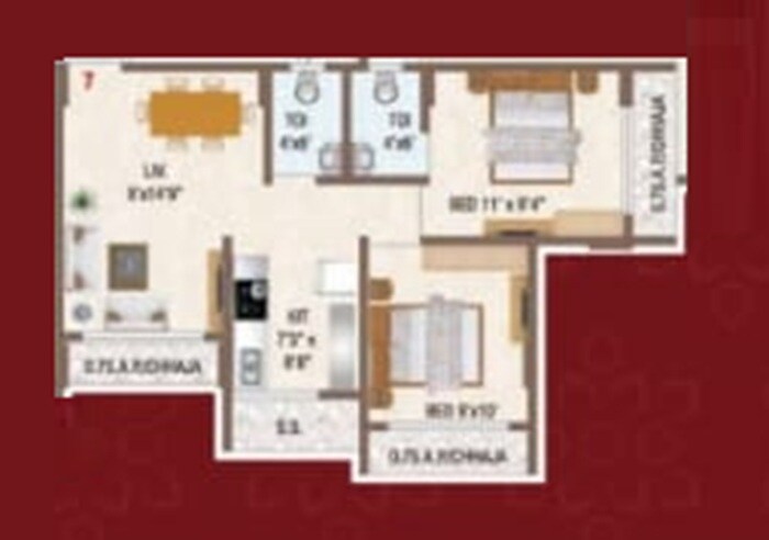 Floor plan of 2 BHK 568 Sq. Ft. Apartment in Shivshakti Oasis, Thane