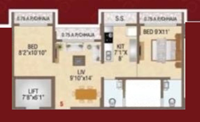Floor plan of 2 BHK 577 Sq. Ft. Apartment in Shivshakti Oasis, Thane