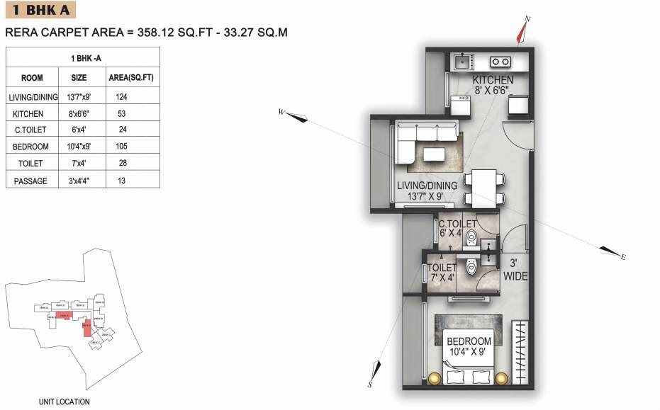 Floor plan of 1 BHK 358 Sq. Ft. Apartment in Shraddha Peninsula, Thane