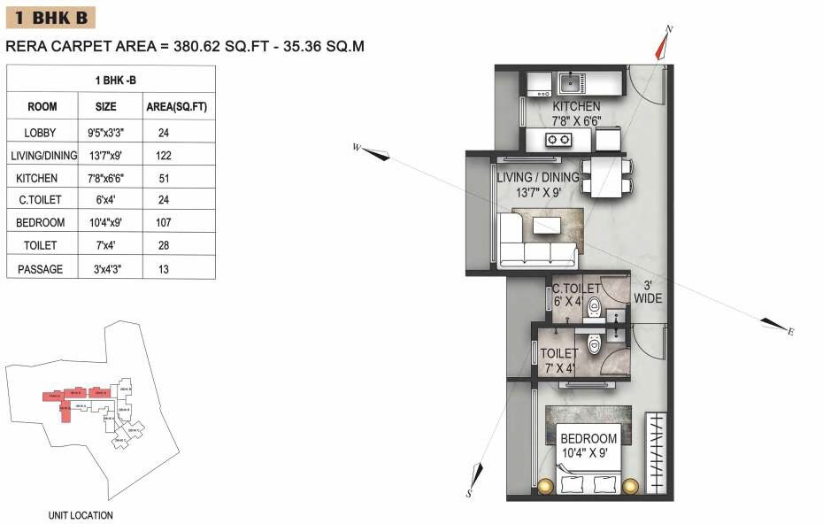 Floor plan of 1 BHK 380 Sq. Ft. Apartment in Shraddha Peninsula, Thane