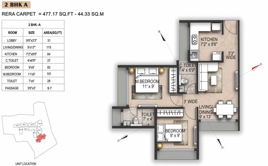Floor plan of 2 BHK 477 Sq. Ft. Apartment in Shraddha Peninsula, Thane