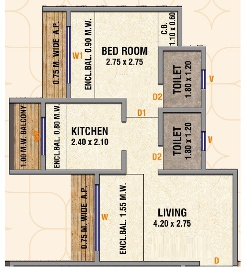 Floor plan of 1 BHK 418 Sq. Ft. Apartment in Shree Balaji Classic, Thane