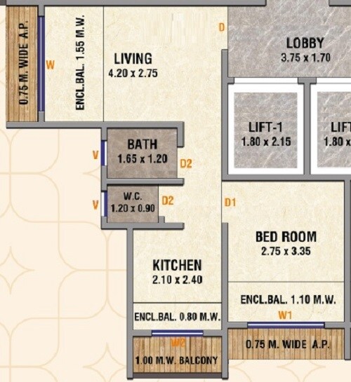 Floor plan of 1 BHK 416 Sq. Ft. Apartment in Shree Balaji Classic, Thane