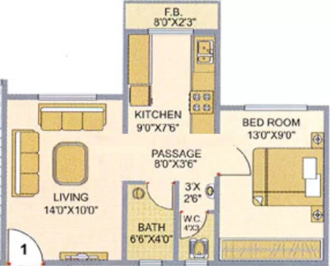 Floor plan of 1 BHK 606 Sq. Ft. Apartment in Shree Balaji Shrushtee, Thane