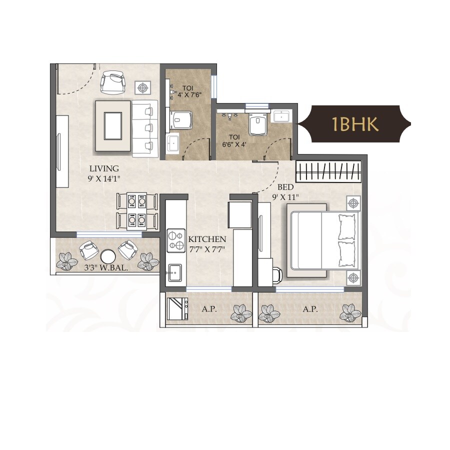 Floor plan of 1 BHK 338 Sq. Ft. Apartment in Shree Blossom Residency, Thane
